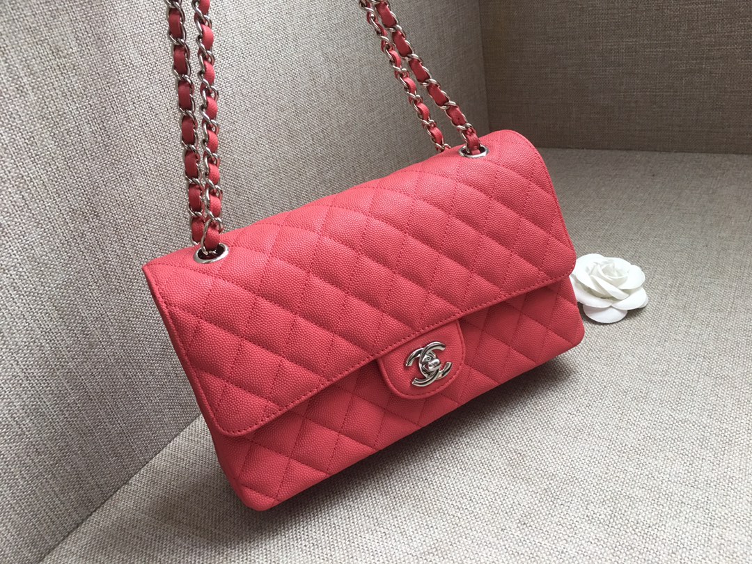 Medium Classic Flap Caviar Bag A01112 Rose Red/Silver